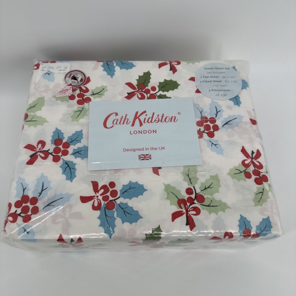 NEW Cath Kidston London Christmas Holly Queen Sheet Set 4 Pc Holiday Cozy White‎